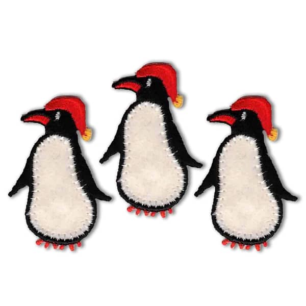Three penguins wearing Penguin with Beanie Patches (3-Pack) Christmas Embroidered Iron on Patch Applique hats on a white background.