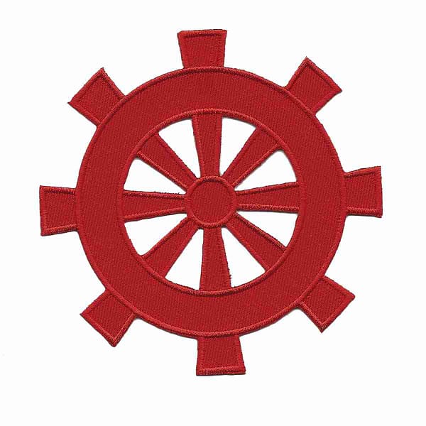 A Large Ships Nautical Wheel Iron on Patch - Red on a white background.