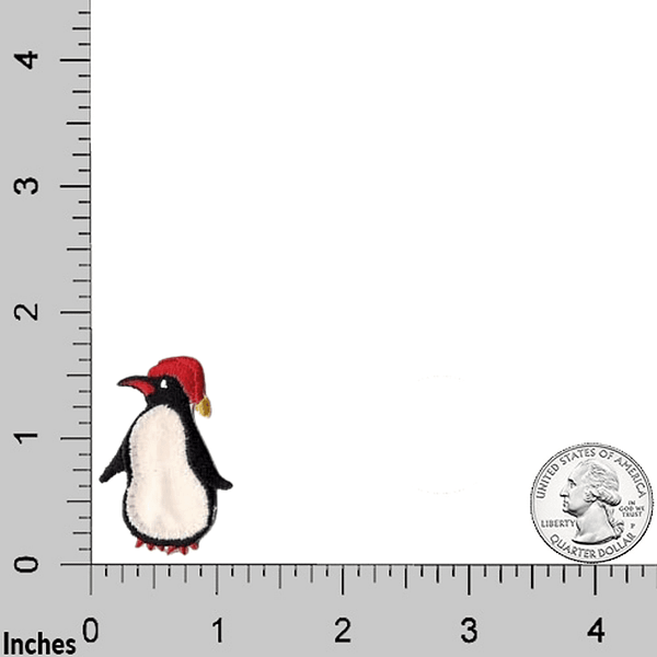 A Penguin with Red Hat Patches (3-Pack) Christmas Embroidered Iron on Patch Applique wearing a santa hat next to a ruler.