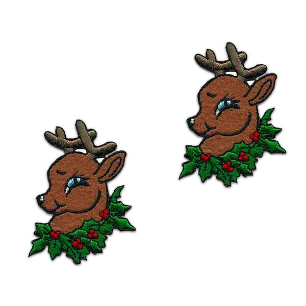 Two Reindeer Patches (2-Pack) Christmas Embroidered Iron on Patch Applique with holly wreaths on their heads.