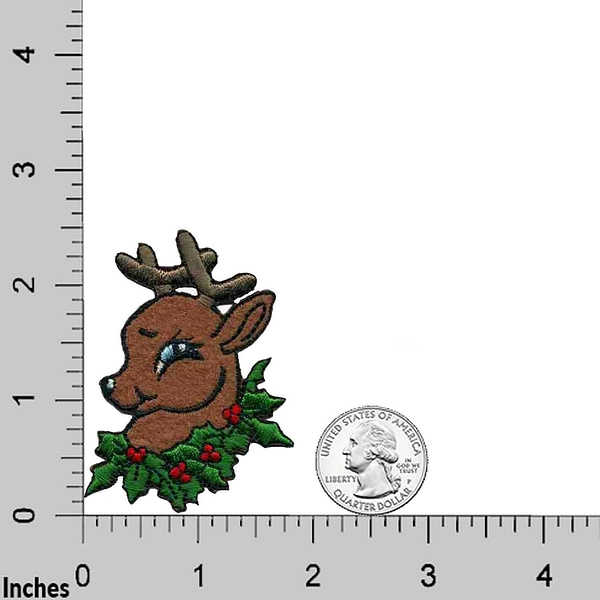 A Reindeer Patches (2-Pack) Christmas Embroidered Iron on Patch Applique with holly leaves and a ruler.