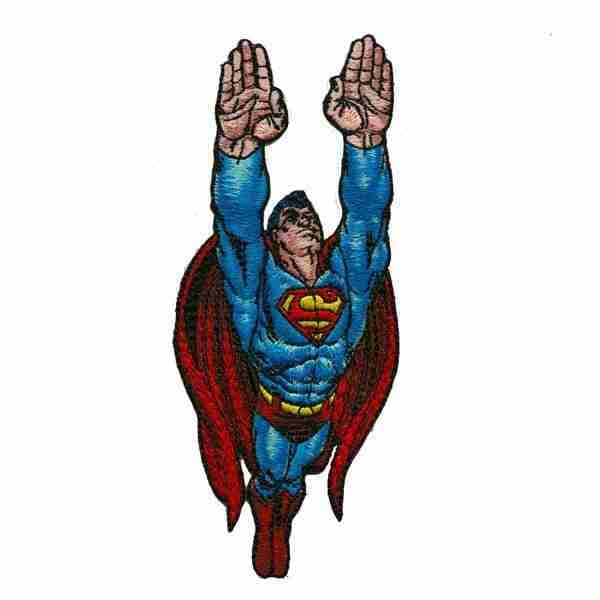 A Superman Flying Iron on Patch flying in the air with his hands up.