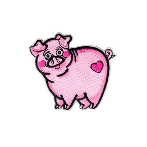 A pink Pig Patches (3-Pack) Animal Embroidered Iron On Patch Applique with a heart on it.