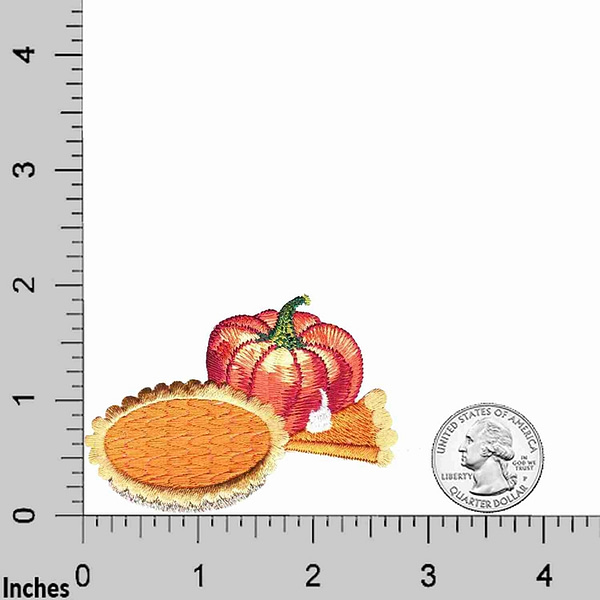 Pumpkin Pie Patches (2-Pack) Thanksgiving Embroidered Iron On Patch Applique and a pumpkin are shown next to a ruler.