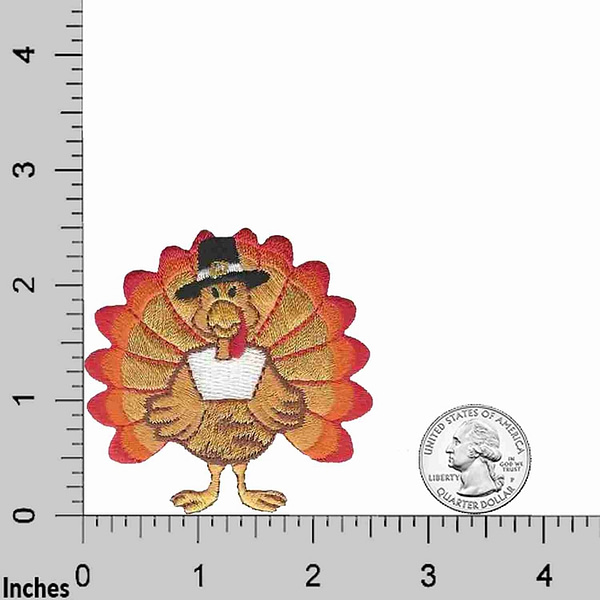 An image of Turkey Patches (2-Pack) Thanksgiving Embroidered Iron on Patch Applique embroidered on a ruler.