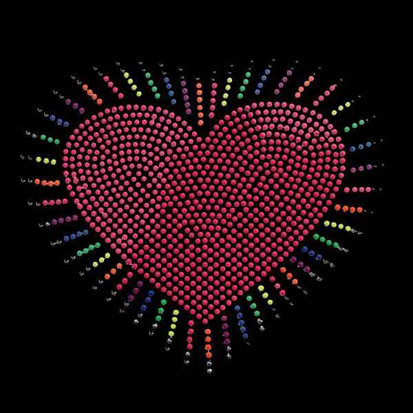 A Heart Shine Neon Nailhead Hotfix Applique with colorful rhinestones on a black background.