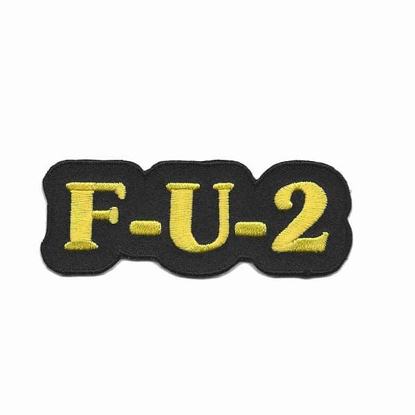 A black and yellow F-U-2 Iron On Patch with the word fu - 2 on it.