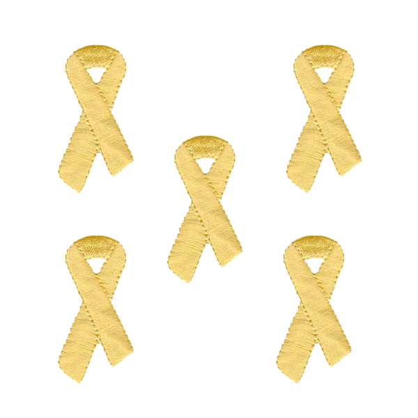 Four Yellow Ribbon Patches (5-Pack) Awareness Embroidered Iron On Patch Appliques on a white background.
