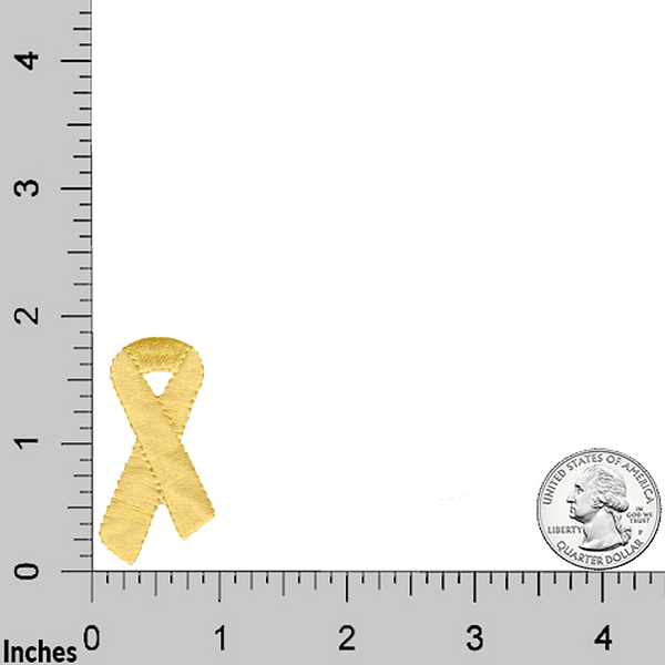 A Yellow Ribbon Patches (5-Pack) Awareness Embroidered Iron On Patch Applique with a ruler next to it.