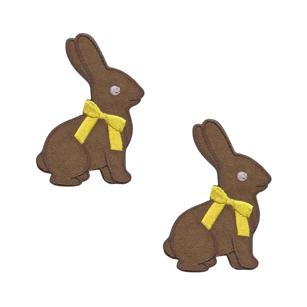 Two Bunny Patches (2-Pack) Easter Embroidered Iron on Patch Appliques with yellow bows on a white background.