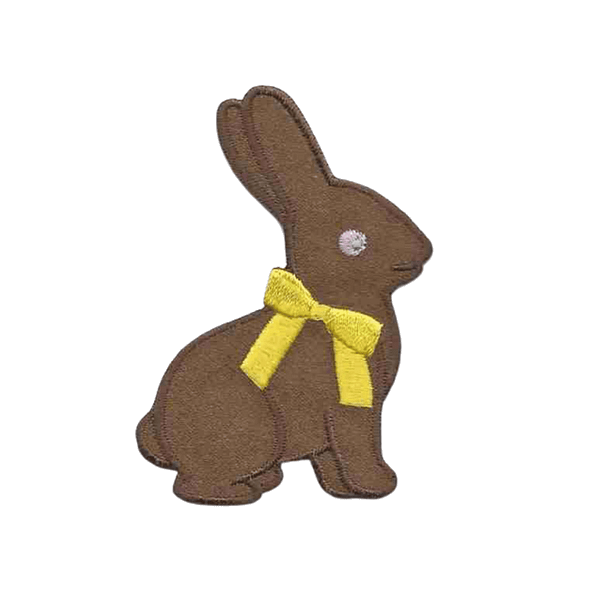 A brown Bunny Patches (2-Pack) Easter Embroidered Iron on Patch Appliques with a yellow bow.