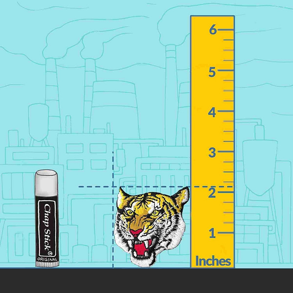 A Tiger's Ferocious Head (3-Pack) Iron On Patch with a ruler next to it.
