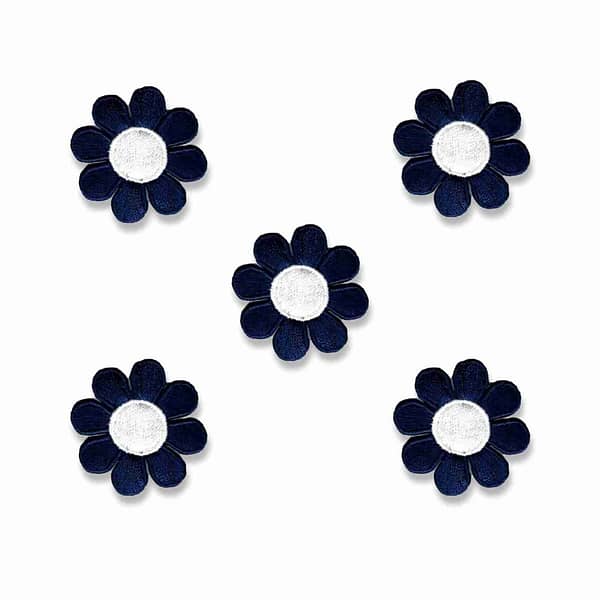 Four Cute Daisy Patches (5 Pack) Flower Embroidered Iron On Patch Appliques on a white background.