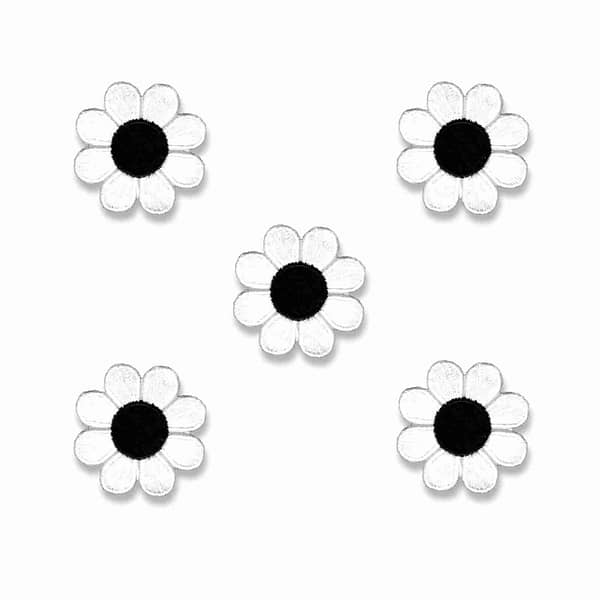 Four Cute Daisy Patches (5 Pack) Flower Embroidered Iron On Patch Appliques - 4 Color Choices! on a white background.