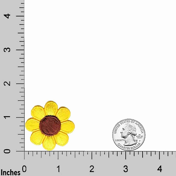 A Cute Daisy Patches (5 Pack) Flower Embroidered Iron On Patch Appliques - 4 Color Choices! is shown next to a ruler.