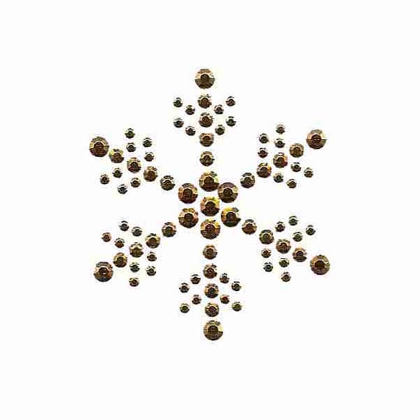 A Christmas Snowflake - Small Rhinestud Iron On Applique in GOLD made of gold beads on a white background.