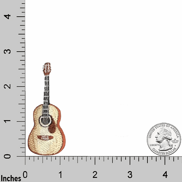 A small Guitar Patches (3-Pack) Musical Embroidered Iron On Patch Applique is shown next to a ruler.