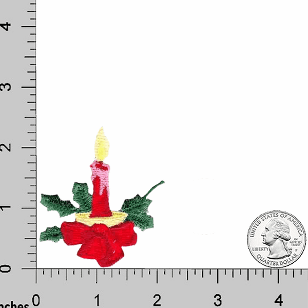 A Candle Patches (4-Pack) Christmas Candle Embroidered Iron on Patch Applique with holly leaves on a ruler.