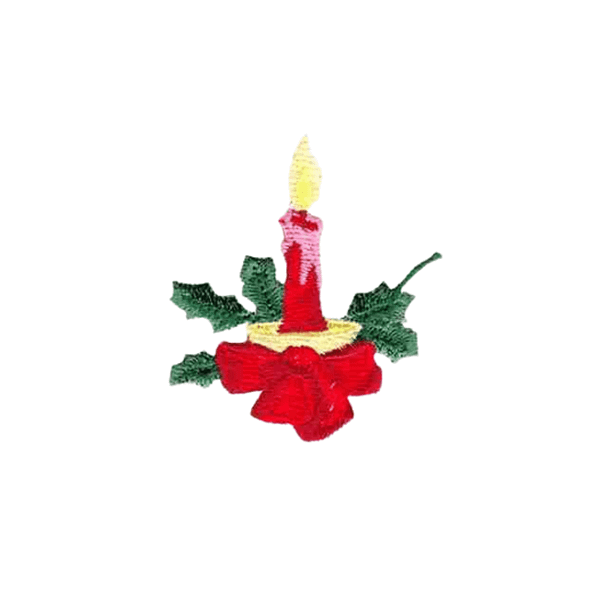 A red Candle Patches (4-Pack) Christmas Candle Embroidered Iron on Patch Applique with holly leaves on a white background.