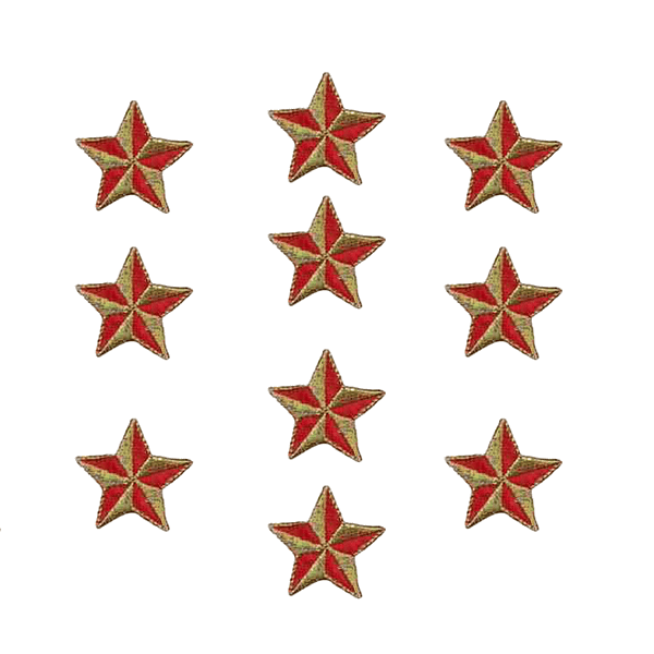 Six red and gold Star Patches (10 Pack) 1.25" Red Nautical Star Embroidered Iron on Patch Appliques on a white background.
