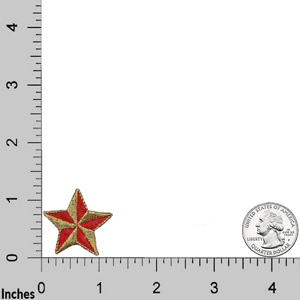 A red and gold Star Patches (10 Pack) 1.25" Red Nautical Star Embroidered Iron on Patch Appliques embroidered on a ruler.