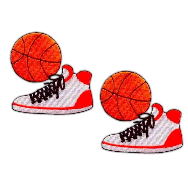 Two Sneaker & Ball Patches (2-Pack) Sports Embroidered Iron On Patch Applique with a ball on them.