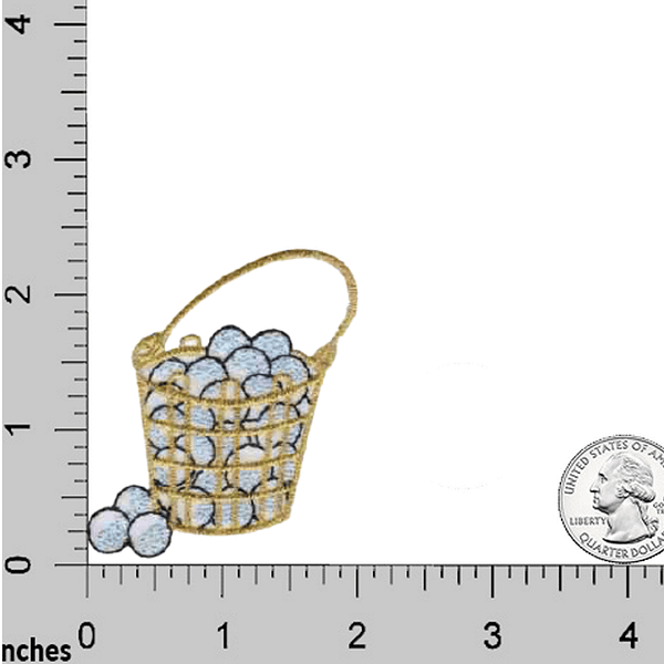 A basket of Golf Balls Patches (3-Pack) Golf Embroidered Iron On Patch Appliques with a ruler next to it.