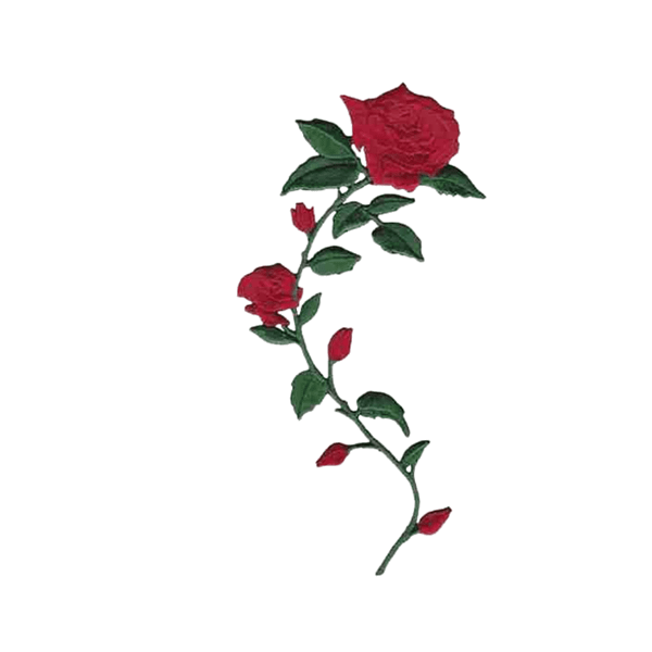 A right facing red Roses on Stem Patches (2-Pack) Floral Embroidered Iron On Patch with leaves on a white background.