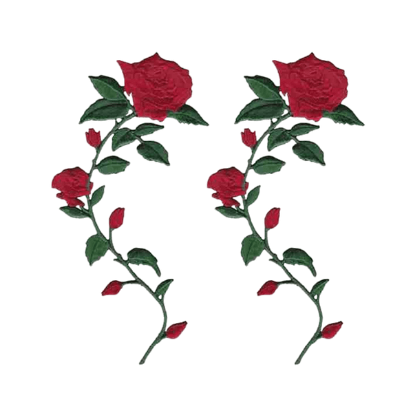Two Roses on Stem Patches (2-Pack) Floral Embroidered Iron On Patch - Right Facing on a white background.