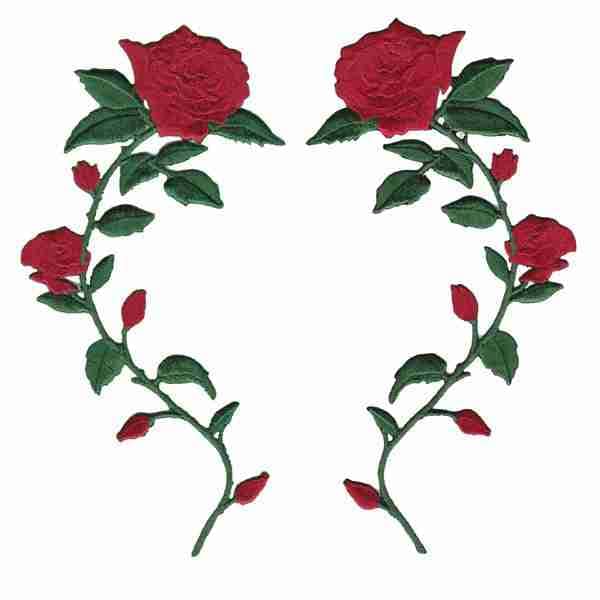 A pair of Roses on Stem Patches (2-Pack) Floral Embroidered Iron On Patch - Right Facing on a white background.