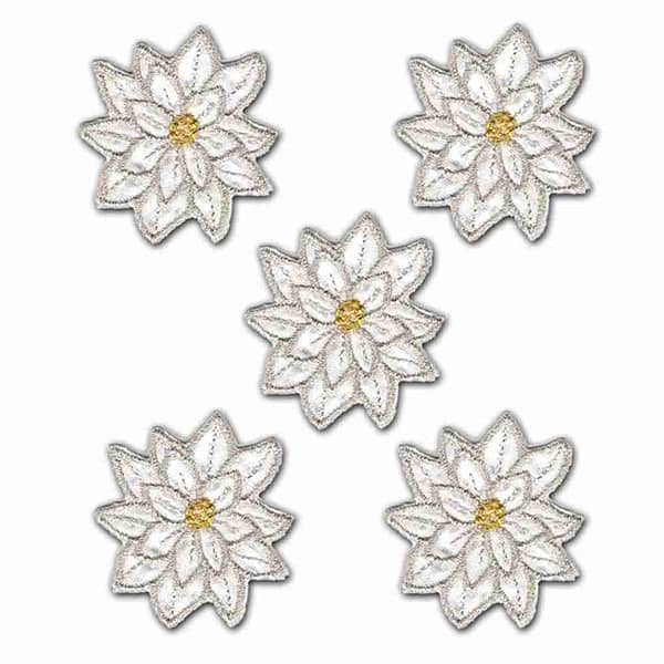 Four (5 Pack) Christmas Sparkly Layered Poinsettia Iron On Patch in White appliques on a white background.