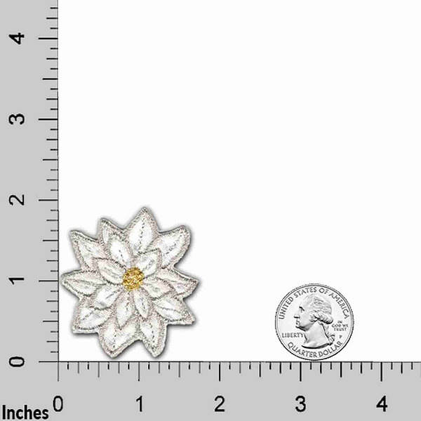 A white (5 Pack) Christmas Sparkly Layered Poinsettia Iron On Patch in White flower on a ruler next to a ruler.