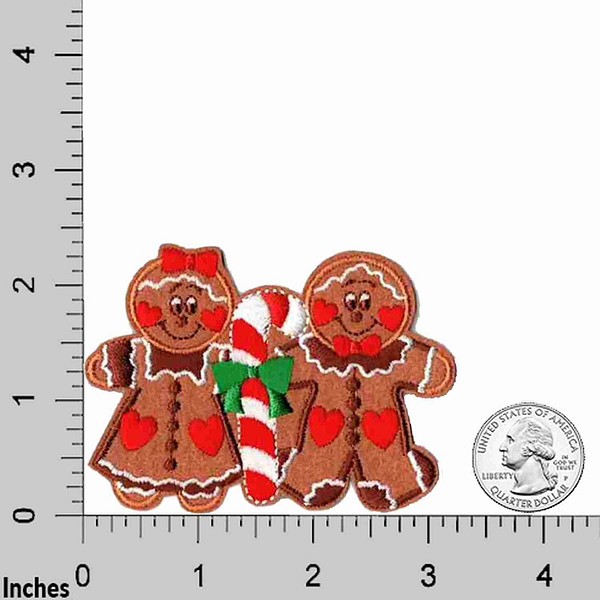 A (2 Pack) Christmas Gingerbread Couple Iron On Patch Applique with candy canes on a ruler.