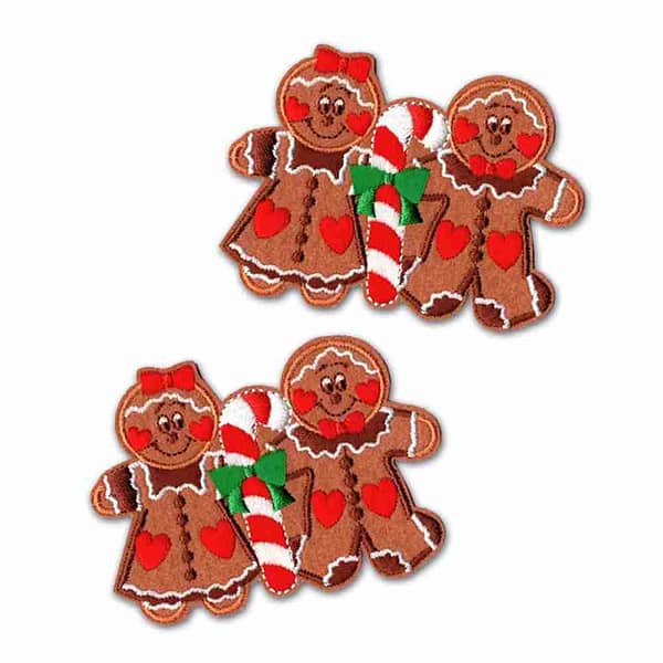 Two (2 Pack) Christmas Gingerbread Couple Iron On Patch Applique with candy canes on a white background.