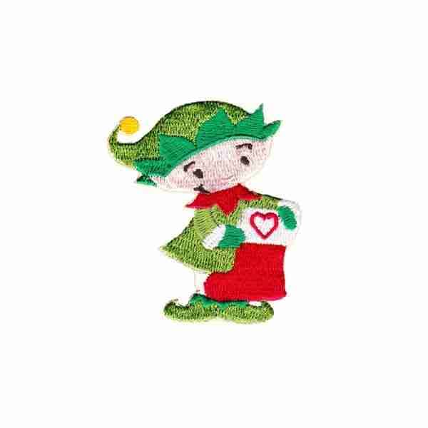 A (2-Pack) Christmas Elf Iron on Patch Applique holding a stocking.