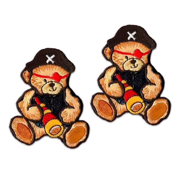 Two Teddy Bear Patches (2-Pack) Children Embroidered Iron On Patch Applique with pirate hats on them.
