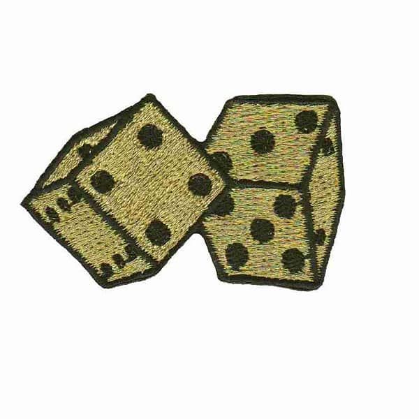 Two dice embroidered on a white background.