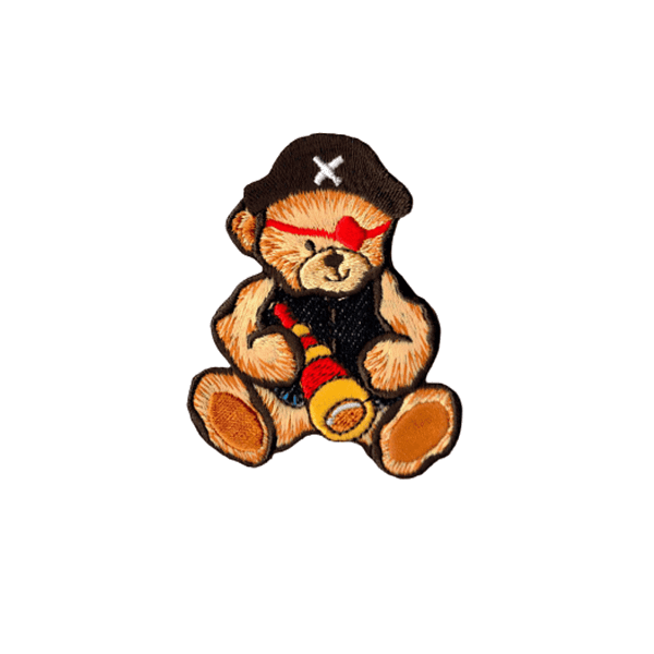 A Teddy Bear Patches (2-Pack) Children Embroidered Iron On Patch Applique wearing a pirate costume.