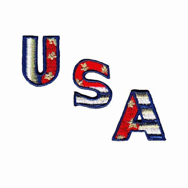 The USA Patriotic Letters Iron on Patches is embroidered on a white background.