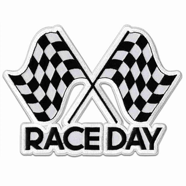 A Race Day Checkered Flag Iron on Patch with two checkered flags.