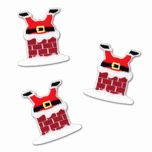 Three Santa Stuck in Chimney Patches (3-Pack) Christmas Iron On Patch Applique on a white background.