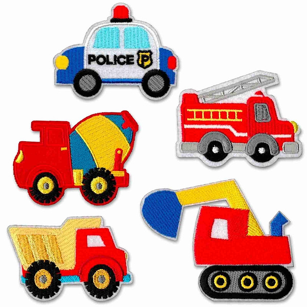 A set of Kids Vehicles - Police Car, Fire Truck, Excavator, Cement Truck, Dump Truck Iron On Patch featuring a police car, fire truck, ambulance, and fire truck.