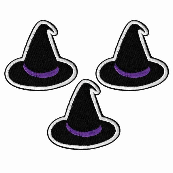 Three Witch Hat Patches (3-Pack) Halloween Embroidered Iron On Patch Applique with purple and black hats.