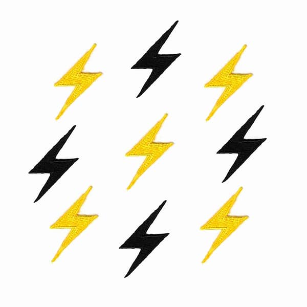 Lightning Bolt Patches (5-Pack) Lightning Embroidered Iron On Patch Appliques in yellow or black on a white background.