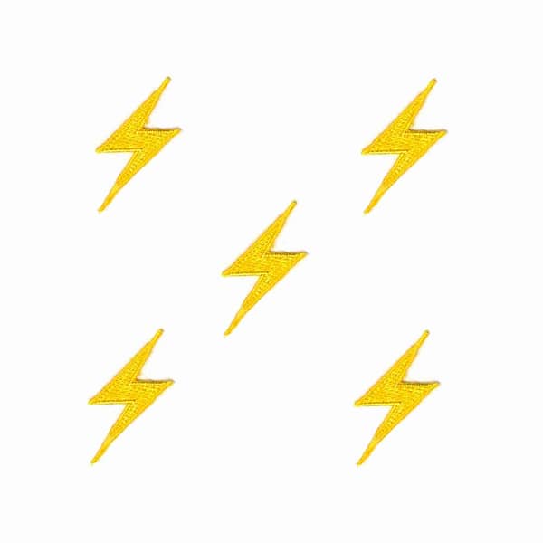 Four Lightning Bolt Patches (5-Pack) Lighting Embroidered Iron On Patch Appliques - Yellow or Black on a white background.
