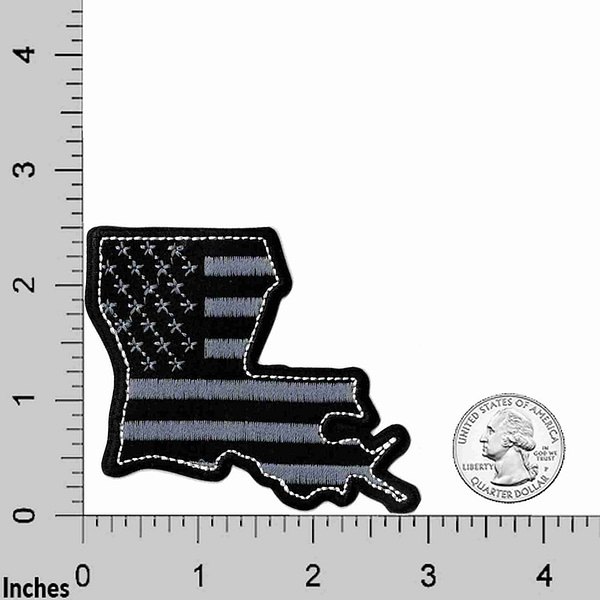 A black and white map of Louisiana State Patches (2-Pack) USA Flag Embroidered Iron On Patch Appliques with an American flag.