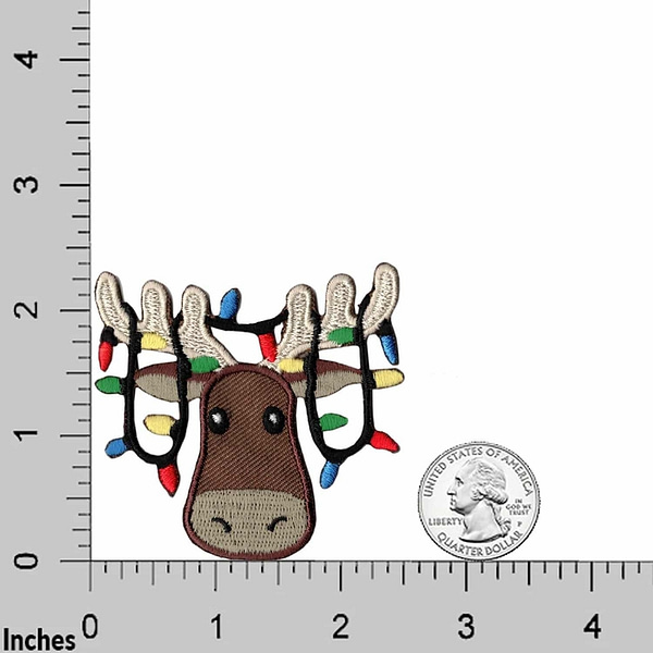 Reindeer with Lights Patches (2 Pack) Christmas Embroidered Iron On Patch Applique with christmas lights on his head.