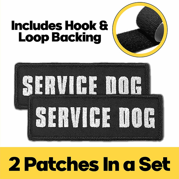 2 Service Dog Patches (2-Pack) Highly Reflective Embroidered Hook and Loop Patches for Dog Vest or Harness in a set.