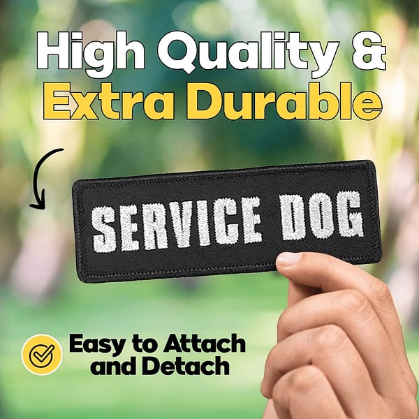 High quality & extra durable Service Dog Patches (2-Pack) Highly Reflective Embroidered Hook and Loop Patches for Dog Vest or Harness easy to attach and detach.
