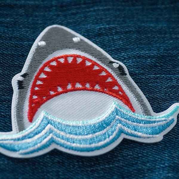 A Shark Attack Patch (2-Pack) embroidered on a denim shirt.